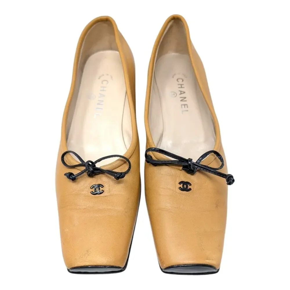 Chanel Vintage Square Toe Ballet Pump CC Logo Beige Black Bow 90s Y2K 8.5 | 9 - Picture 2 of 11
